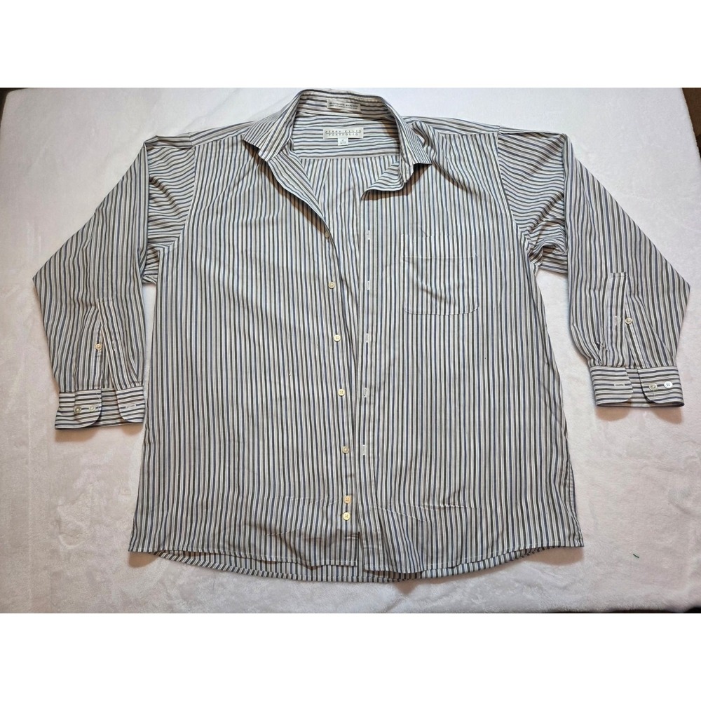 108-Perry Ellis Men's Striped Dress Shirt Long Sleeve Button Vintage Sz 16 34/35